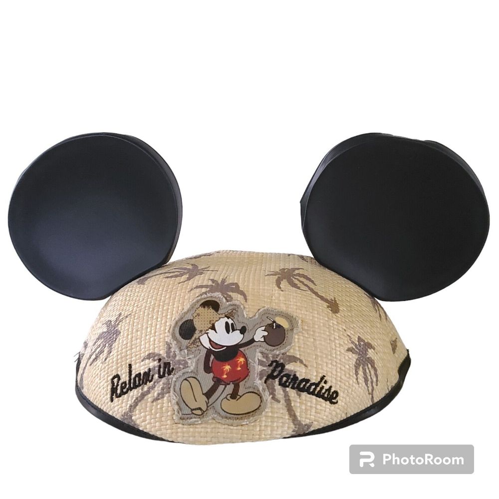 Disney Relax In Paradise Mickey Mouse Ear Hat Straw Coconut Palm Trees One Sz